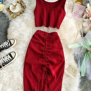 Women Knitted Short Tops + Drawstring Bodycon Skirt